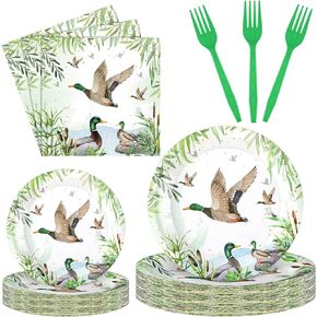 Sunnyray 96 Pcs Mallard Duck Party Decorations Supplies Duck Hunting Birthday Party Tableware Set Mallard Duck Baby Shower Plates Napkins Forks for 24 Guests