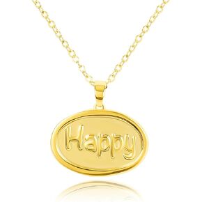 Gold Happy Pendant Necklace for Women 14K Gold Plated Happy Charm Necklace Simple Happy Words Letter Oval Coin Necklace Adjustable Chain Summer Party Trendy Jewelry Gift for Girls Men Boys