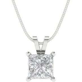 Clara Pucci 1.05 ct Princess Cut Stunning Genuine Moissanite Solitaire Pendant Necklace With 16" Gold Chain box Solid 14k White Gold