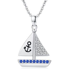 CUOKA MIRACLE Sail Boat Pendant Necklace 925 Sterling Sliver Sailboat Necklaces Bluish Zircon Jewelry Amulet Gift for Women Girls Boys Men Birthday