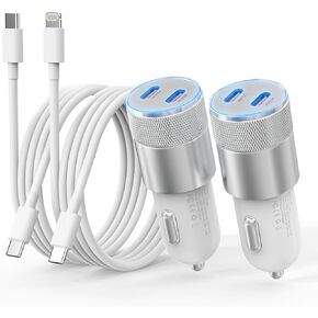 iPhone Car Charger Fast Charging [Apple MFi Certified], 60W Dual USB-C Power Cigarette Lighter Car Charger+Type-C Cable&Lightning Cable for iPhone 15 14 13 12 11 Pro Plus XS XR iPad, Samsung and More