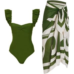 AFAVOM Women One Piece Ruffle Bikini Swimsuits with Cover up Skirt Swimming Top Bottom 2Pcs Tummy Control Summer Bathing Suit