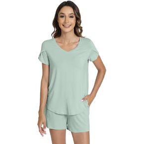 WiWi Pajamas for Women Short Sleeve Top and Shorts Sets Viscose from Bamboo Pj Sleepwear Pajama Set S-XXL