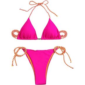 WDIRARA Women's 2 Piece Halter Triangle Tie Back Swimsuit Cheeky Sexy Bikini Set