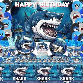Shark Birthday Party Decoration - Shark Party Favors, Plates Cups Napkins Tablecloth Cutlery Happy Birthday Backdrop Balloons Arch Cake Toppers for Boy Ocean Shark Theme Party Supplies