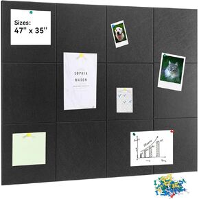 Large Cork Board Wall, 47"x35" 12 Pack Bulletin Boards Felt Wall Tiles with Self-Adhesive, Black Vision Board Alternative Pin Board with Push Pins for Office Home Decro