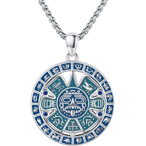 Aztec Calendar Necklace for Men Sterling Silver Aztec Mayan Calendar Charm Pendant Necklace Blue Round Aztec Necklace Jewelry Gifts for Father's Day