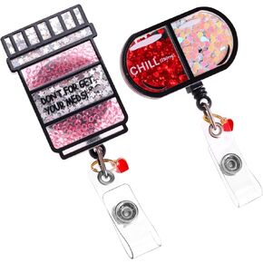 2Pcs Badge Reels Retractable for Nurses, Glitter Nurse ID Shaker Badge Holder with Alligator Clip and Cord, Syringe & Pill Modeling Cute Retractable Badge Reel for Pharmacy Nurses Doctors