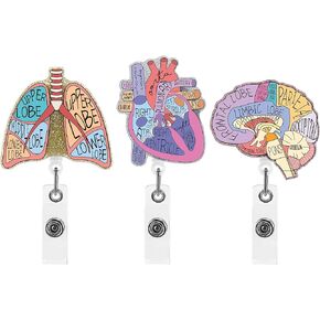 Nurse Badge Reel Retractable - 3PCS Badge Holder Retractable Clip, Cute Badge Reel, Organ Heart Brain Lung Patterns Nurse ID Badge Reel Retractable for Nurse Doctor Nursing Graduation Gift