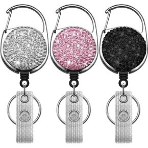 3PCS Badge Holder Retractable Clip with Bling Rhinestones Crystal for Women, Sparkly Badge Reel with Belt Clip and Key Ring (AB Clour + Blue + Violet)