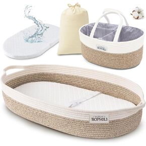 Baby Changing Basket Set w/Large Matching Diaper Caddy, Foam Changing Pad &Water Repellent Cover, Premium Cotton Rope Moses Baskets Changing Table Topper, Built-in Security Strap (Warm Brown)