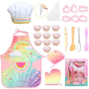 Real Kids Cooking and Baking Set - 24 Pcs Kids Chef Role Play Costume Set Includes Cake Apron, Chef Hat, Cooking Mitt, Utensils, Cupcake Molds for Toddler Boys and Girls Ages 3+
