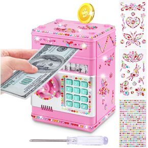 Piggy Bank for Kids with Password Code Lock Cash Coin Can ATM Bank Electronic Coin Money Bank for Kids Money Saving Box with DIY Diamond Sticker for 4-12 Years Old