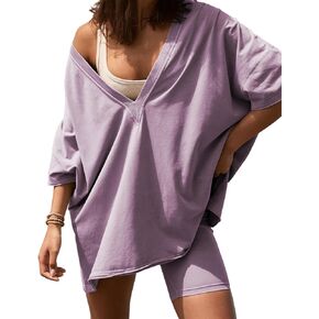 2 Two Piece Outfits for Women Summer Oversized Workout V Neck T Shirts Biker Shorts Matching Sets(DustyPurple-S)