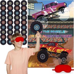 ArtCreativity Pin The Wheels on The Monster Truck - Monster Truck Game for Kids with 1 Poster, 36 Stickers & 1 Blindfold - Monster Truck Party Favors for Kids Ages 5-9 - Monster Truck Favors for Boys