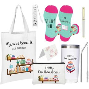 Book Lovers Gifts for Women, Gifts for Book Lovers, Includes 20 oz Tumbler Tote Bag Cosmetic Bag Socks Bookmark Greeting Card Pen, Ideal Gifts for Readers Librarian Appreciation Gifts for Christmas
