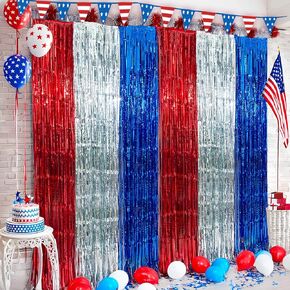 4th of July Decorations, 3 Pack Red White and Blue Tinsel Foil Fringe Curtains, Tinsel Streamers Party Decorations, 4th of July Photo Booth Prop for Patriotic,Memorial Day,Independence Day