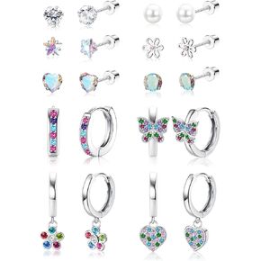Florideco Hypoallergenic Small Hoop Earrings for Girls Surgical Steel Screwback Earrings for Women Cute CZ Dangling Huggie Teens Earrings Cartilage Colorful CZ Stud Earrings Set for Sensitive Ears