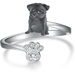 Black Pug Ring 925 Sterling Silver Pug Adjustable Ring Dog Pug Jewelry Gifts for Women Girls Pug Lovers