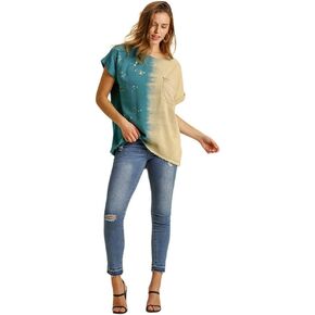 umgee USA Women's Splatter Dip Dye Folded Sleeve Top