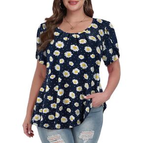 MONNURO Plus Size Tops Summer Causal Crewneck T-Shirts Ruffle Short Sleeve Blouse Loose Flowy Tunics Shirts