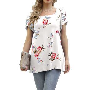 DUSDIMON Women's 2023 Summer Casual Tunic Tops Petal Short Sleeve Square Neck Loose Fit T-Shirts