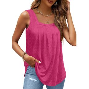 Summer Tank Tops for Women 2024 Eyelet Sleeveless T Shirts Squre Neck Pleated Front