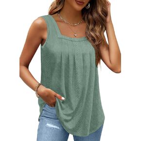 Summer Tank Tops for Women 2024 Eyelet Sleeveless T Shirts Squre Neck Pleated Front