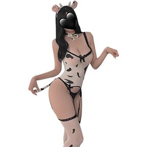 Womens Anime Cow Cosplay Costume Lolita Kawaii Bikini Garter Lingerie Bodysuit With Stockings Suit
