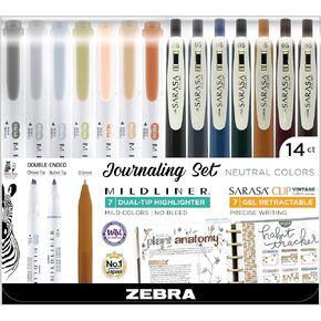 Zebra Pen Sarasa Clip Vintage and Mildliner Neutral Set, 7 Retractable Gel Pens, 7 Dual-Tip Highlighters, Fine Point, 0.5mm, Assorted Neutral Vintage Colors, 14-Pack; 10114