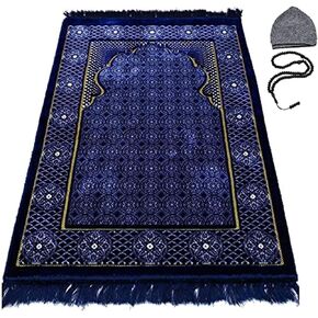 Modefa Turkish Islamic Prayer Rug - Muslim Janamaz Sajada - Plush Velvet Praying Mat Carpet for Men and Women - Ramadan or Eid Gift - with Kufi Cap & Beads - Floral Stamp Ipek - Blue 2