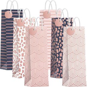 Rose Gold Wine Gift Bags,Set of 6,Assorted Rose Gold, Pink, & Navy Wine Gift Bags With Handles + Name Tags.,Modern Geometric Metallic Gift Bags,Perfect for Birthdays, Anniversaries, & more!,6 Pack