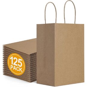 BagDream 125 حزمة 5.25 × 3 × 8 بوصة أكياس هدايا صغيرة، أكياس ورقية بنية، مع مقابض، حقائب هدايا ورقية من ورق الكرافت السائبة لحفلات أعياد الميلاد، حقائب هدايا للأعمال اليدوية للبيع بالتجزئة in Kuwait