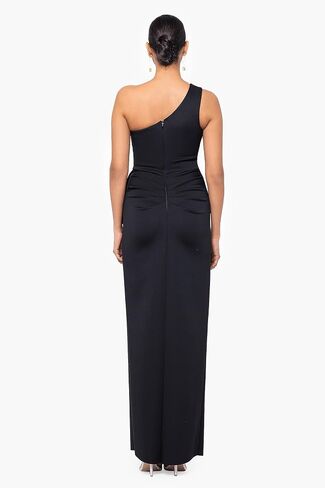 Xscape Women's Long Stretch Scuba Sleeveless One Shoulder Side Ruffle Dress in Saudi Arabia