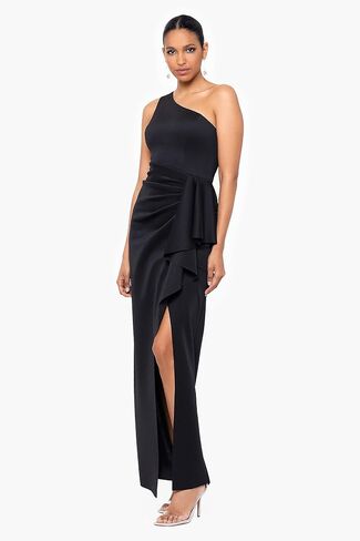 Xscape Women's Long Stretch Scuba Sleeveless One Shoulder Side Ruffle Dress in Saudi Arabia
