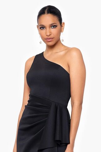 Xscape Women's Long Stretch Scuba Sleeveless One Shoulder Side Ruffle Dress in Saudi Arabia