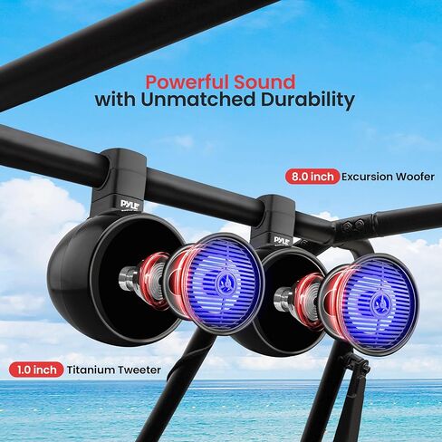 Pyle Bluetooth Waterproof Off-Road Speakers - 8" 300W 2-Way Marine Wakeboard Tower Sound System w/LED Light, Full Range Outdoor Stereo Speaker for Car ATV UTV, Jeep, Boat, Includes Brackets (Black) in Saudi Arabia