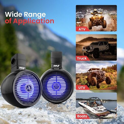 Pyle Bluetooth Waterproof Off-Road Speakers - 8" 300W 2-Way Marine Wakeboard Tower Sound System w/LED Light, Full Range Outdoor Stereo Speaker for Car ATV UTV, Jeep, Boat, Includes Brackets (Black) in Saudi Arabia