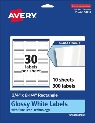 ملصقات مستطيلة بيضاء لامعة من Avery مع تغذية مؤكدة، 0.75 بوصة × 2.25 بوصة، 300 ملصق أبيض لامع، طباعة إلى الحافة، لاصق ملصق دائم، ملصقات قابلة للطباعة بالليزر/النافثة للحبر in Saudi Arabia