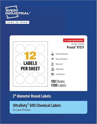 ملصقات Avery UltraDuty GHS، مقاومة للماء، ملصقات دائرية مقاس 2 بوصة، عبوة مكونة من 1200 ملصق أبيض للاستخدام مع طابعات الليزر in Saudi Arabia