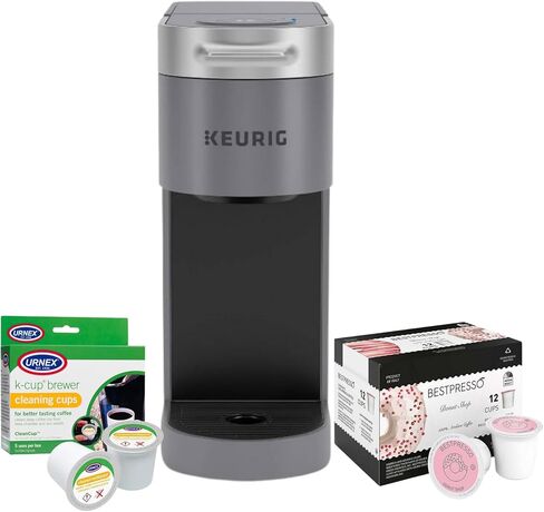 ماكينة صنع القهوة بخزان مياه من Keurig K-Slim Plus مثلجة على الجليد متعددة الأكواب (رمادي) مع 12 قطعة من متجر الدونات، كوب K-Cup وأكواب تنظيف متوسطة الشواء (3 قطع) in Kuwait
