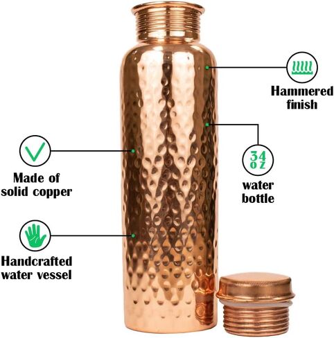 Seamless Leak Proof Ayuverdic Hammered Copper 34oz O2 Water Bottle - Handcrafted with Pure Ayuverdic Tradition – Premium Quality Drinking Bottle for Sports, Yoga, Fitness, Gym, Outdoors in Saudi Arabia