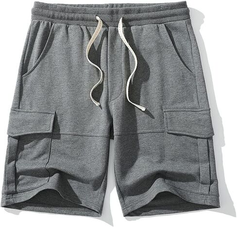 Men Cargo Shorts Lounge Elastic Waist Drawstring 250 Grams Cotton Casual Outdoor Sweat Short Pant with Multi Pockets in Saudi Arabia
