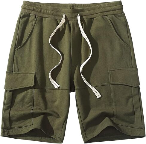 Men Cargo Shorts Lounge Elastic Waist Drawstring 250 Grams Cotton Casual Outdoor Sweat Short Pant with Multi Pockets in Saudi Arabia