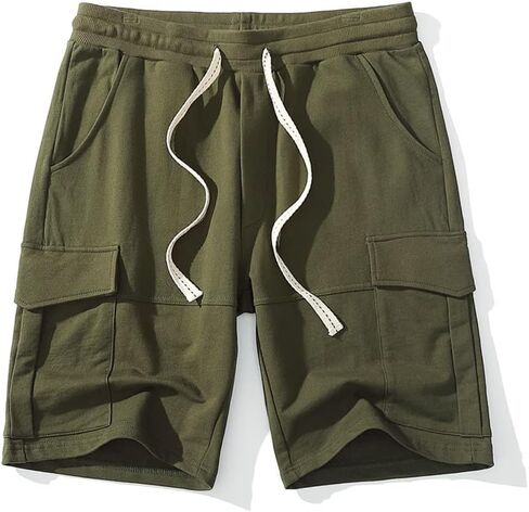 Men Cargo Shorts Lounge Elastic Waist Drawstring 250 Grams Cotton Casual Outdoor Sweat Short Pant with Multi Pockets in Saudi Arabia