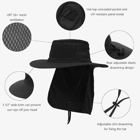 Men Sun Fishing Boonie Hat Women Summer Safari Beach Hiking Hats - UPF 50+, Wide Brim, Chin Cord, Neck Flap, Concealed Pocket in Saudi Arabia