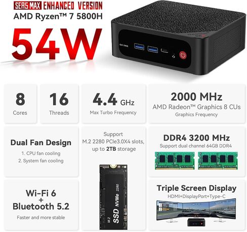 Beelink Mini PC, AMD Ryzen 7 5800H (8C/16T, up to 4.4GHz, 54W TDP), Mini Computer 16GB DDR4 1TB PCIe3.0 SSD, Support 4K@60Hz Triple Display/WiFi 6/BT5.2/USB3.2/Gaming/Office/Home Desktop PC in Saudi Arabia