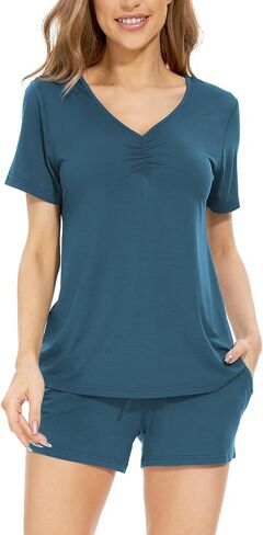 GYS Short Pajama Set for Women V-Neck Short Sleeve Top and Pj Shorts Sleepwear, Viscose Made from Bamboo in Saudi Arabia