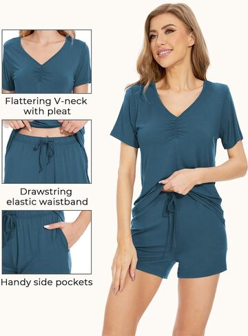 GYS Short Pajama Set for Women V-Neck Short Sleeve Top and Pj Shorts Sleepwear, Viscose Made from Bamboo in Saudi Arabia