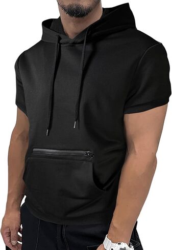 SweatyRocks Men's Short Sleeve Drawstring Hooded Tee Top Zip Front Pullover T Shirt with Pocket in Saudi Arabia